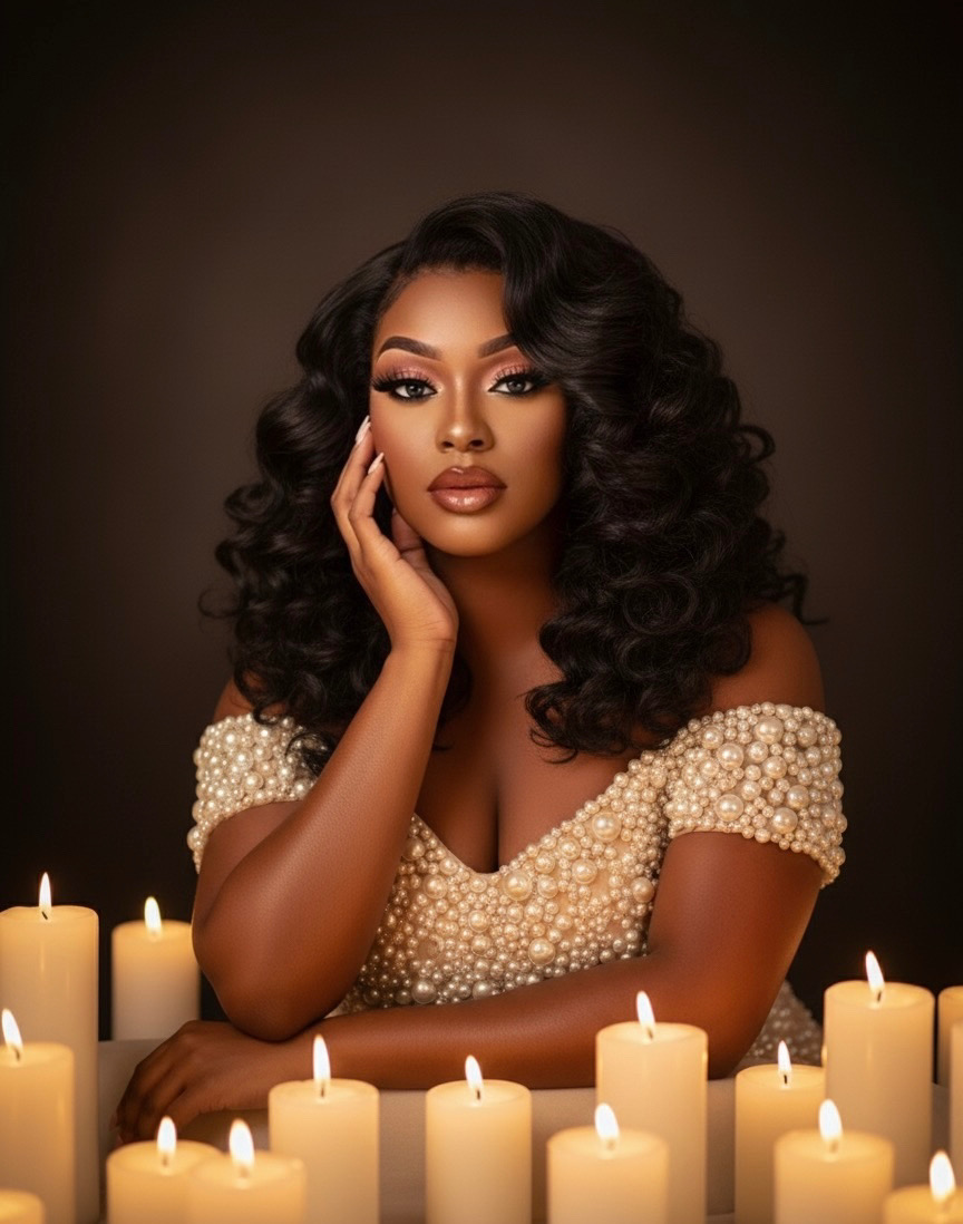 Daija Howard surrounded by candlelight in a pearl-beaded gown