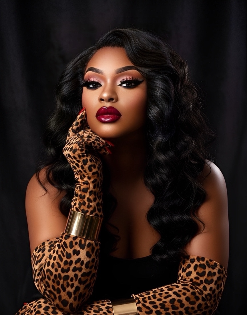 Daija Howard in a black gown with leopard print gloves