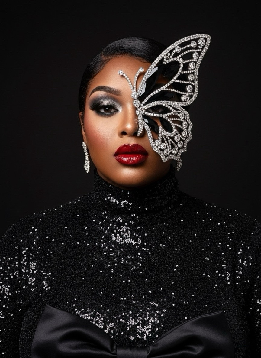 Daija Howard wearing a jeweled crystal butterfly eye piece and black sequined gown